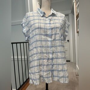 Cotton Bleu Plaid Cap Sleeve Button Down